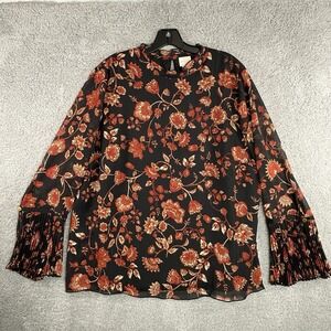 Chico's Floral Ruffle Neck‎ Top XL 3 Autumn Pleated Sleeves Lined Artsy Career